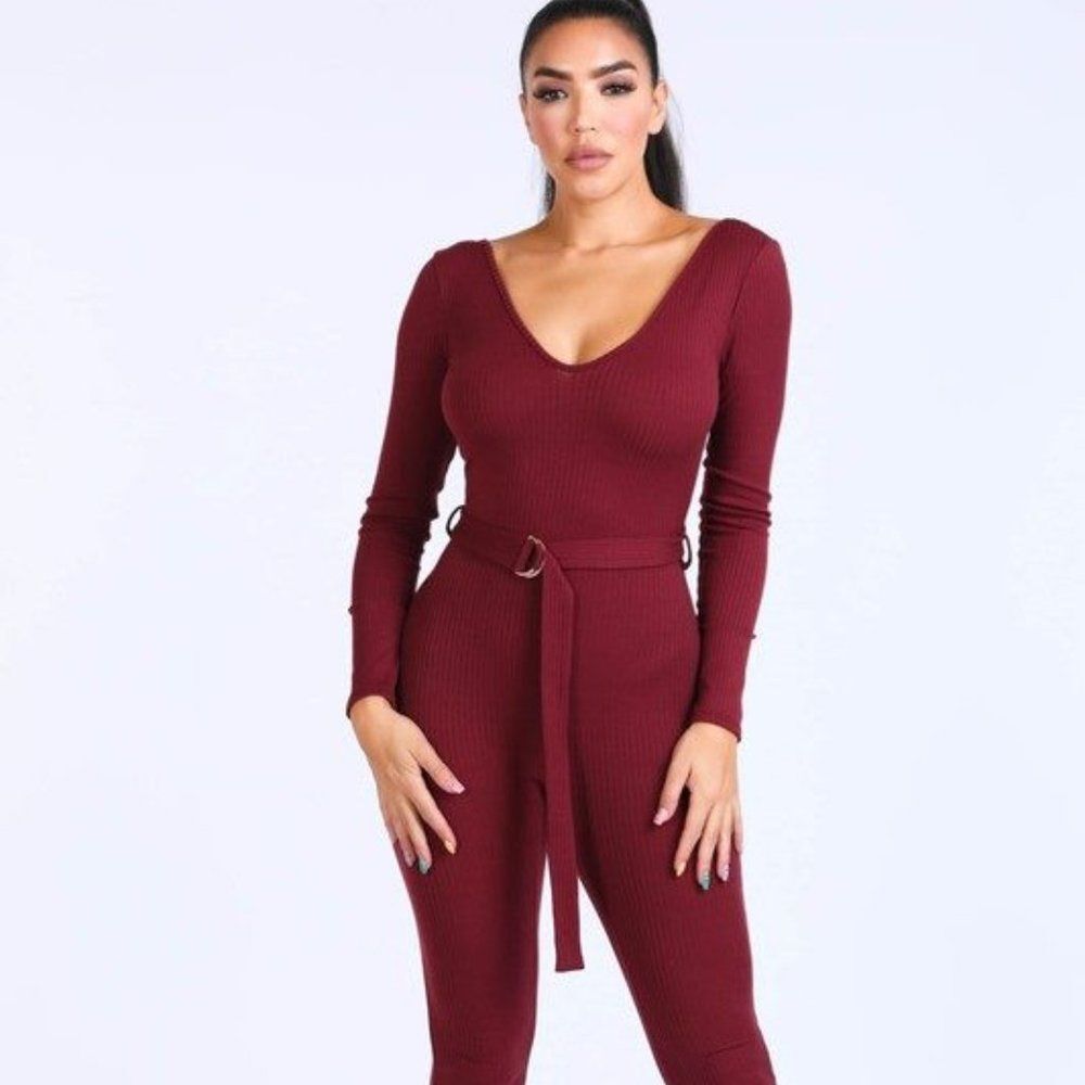 Burgundy Ribbed Knit Deep U Bodysuit